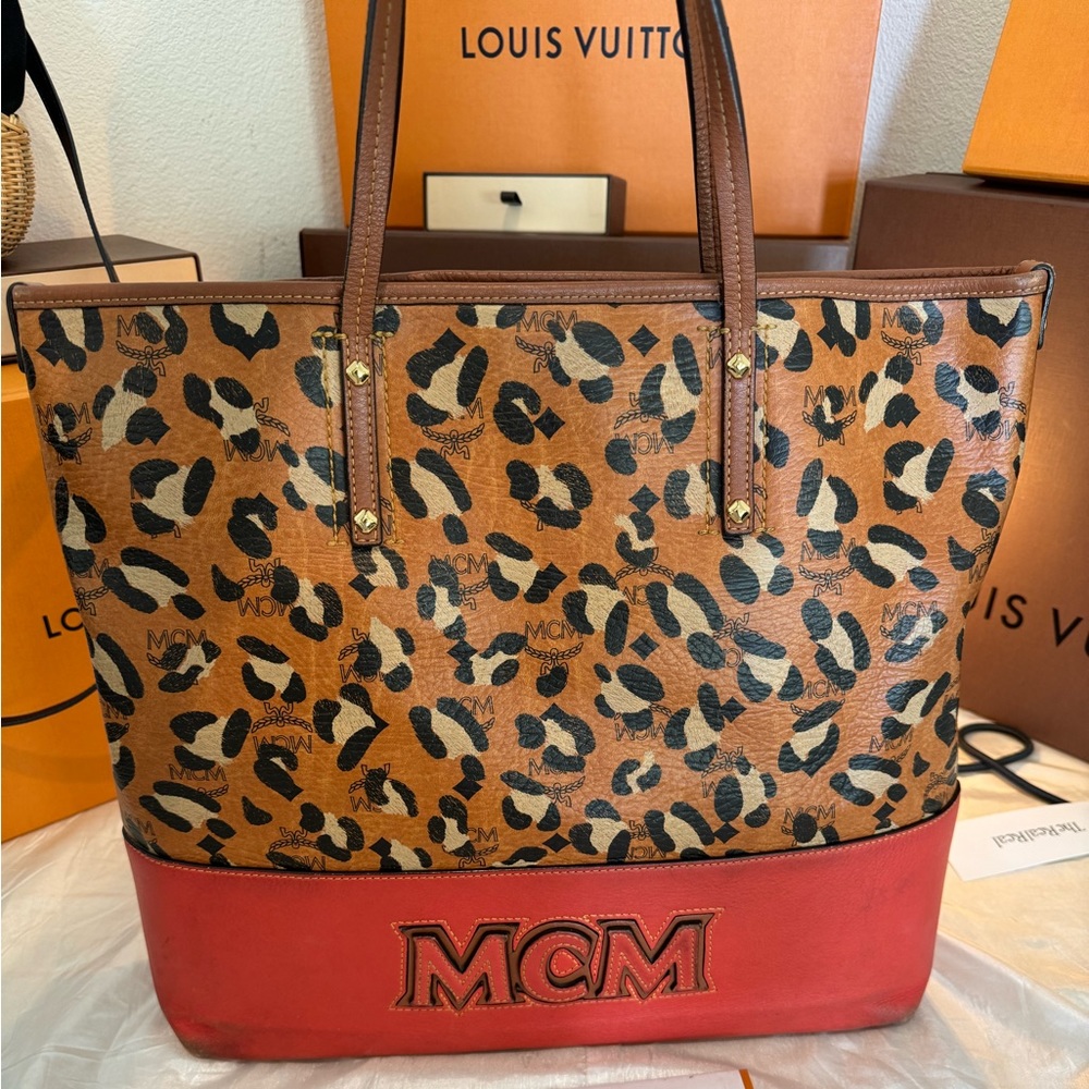 MCM Cognac Shopper Limited Patterned Tote
